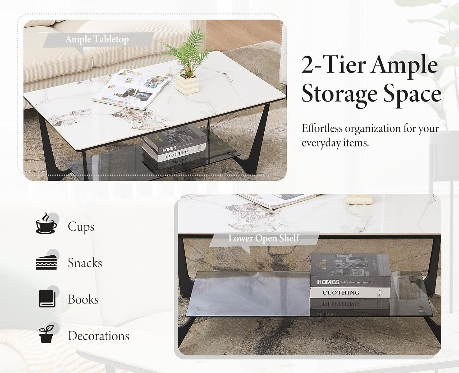 Modern Marble Effect Coffee Table with Glass Shelf & Metal Legs – 110x60cm