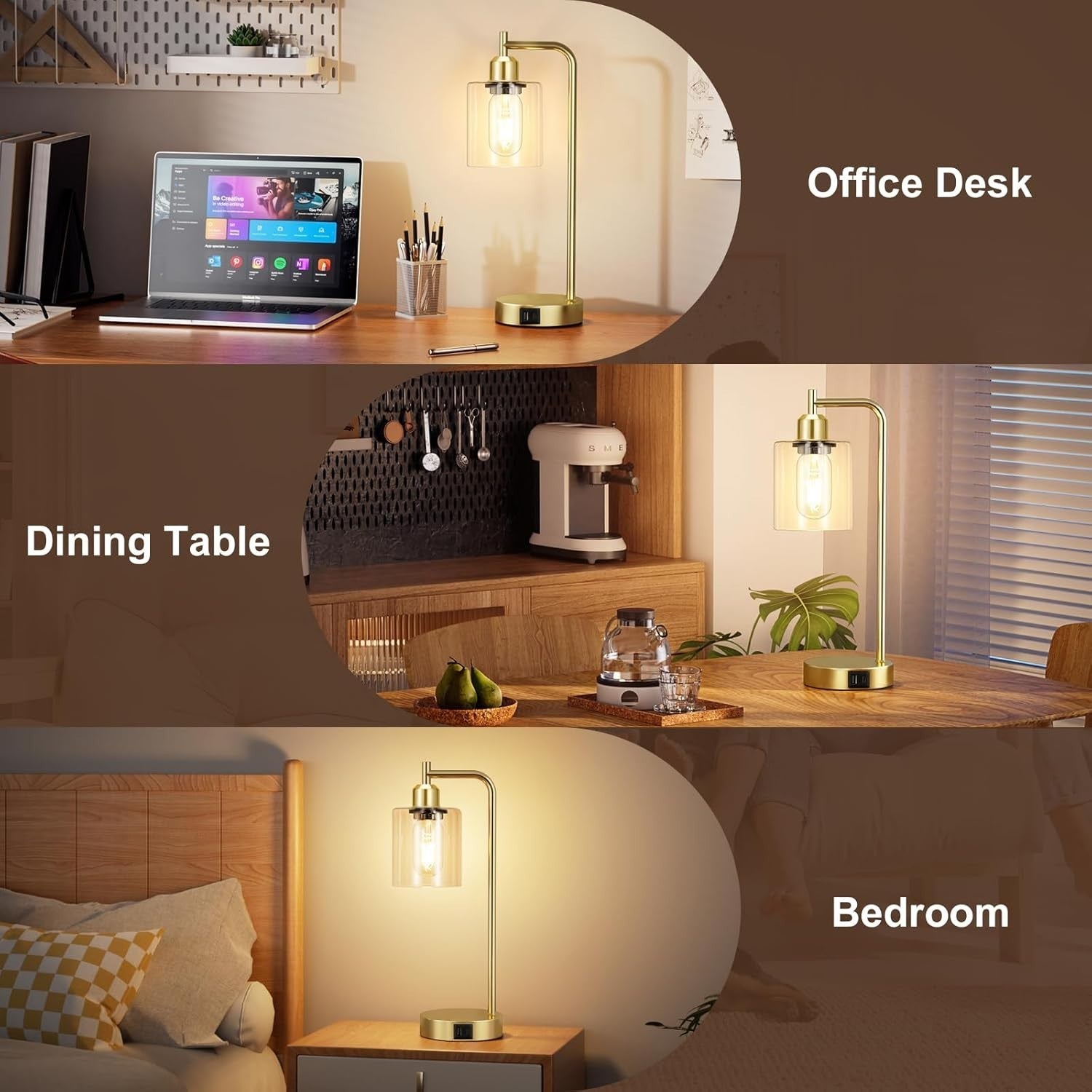 Gold Touch Bedside Lamps Set of 2 USB C+A Dimmable Clear Glass