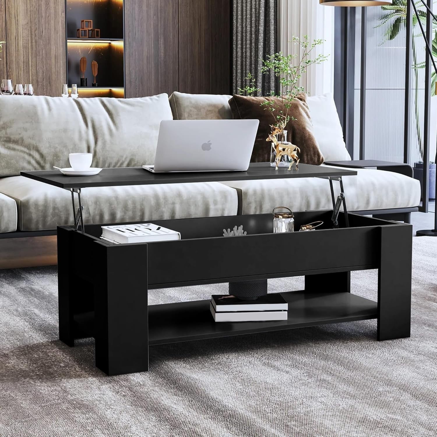 Lift Up Coffee Table with Storage, Black 120x60cm Adjustable Height