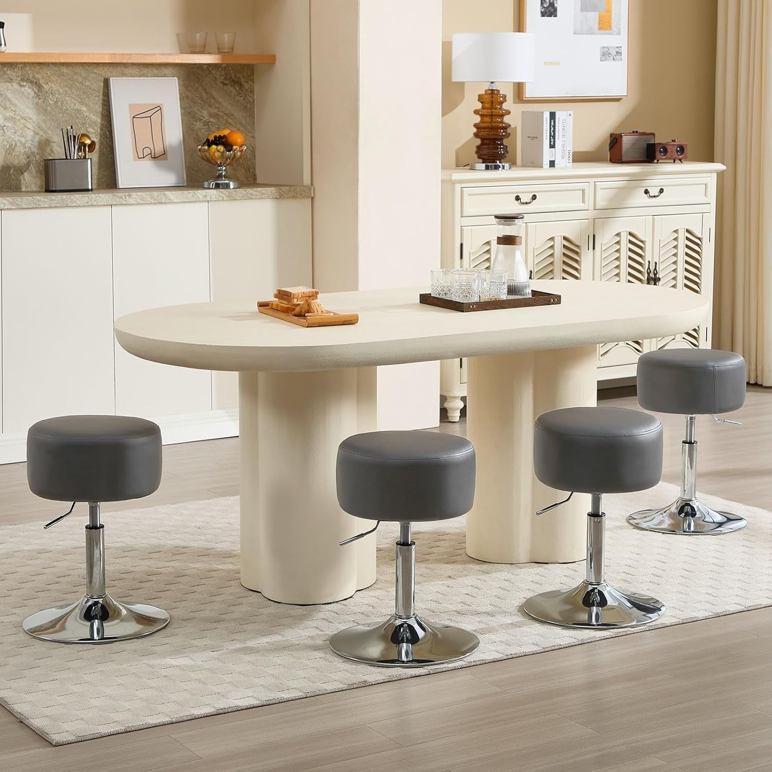 Set of 2 Grey Faux Leather Swivel Bar Stools Height Adjustable Counter Seats
