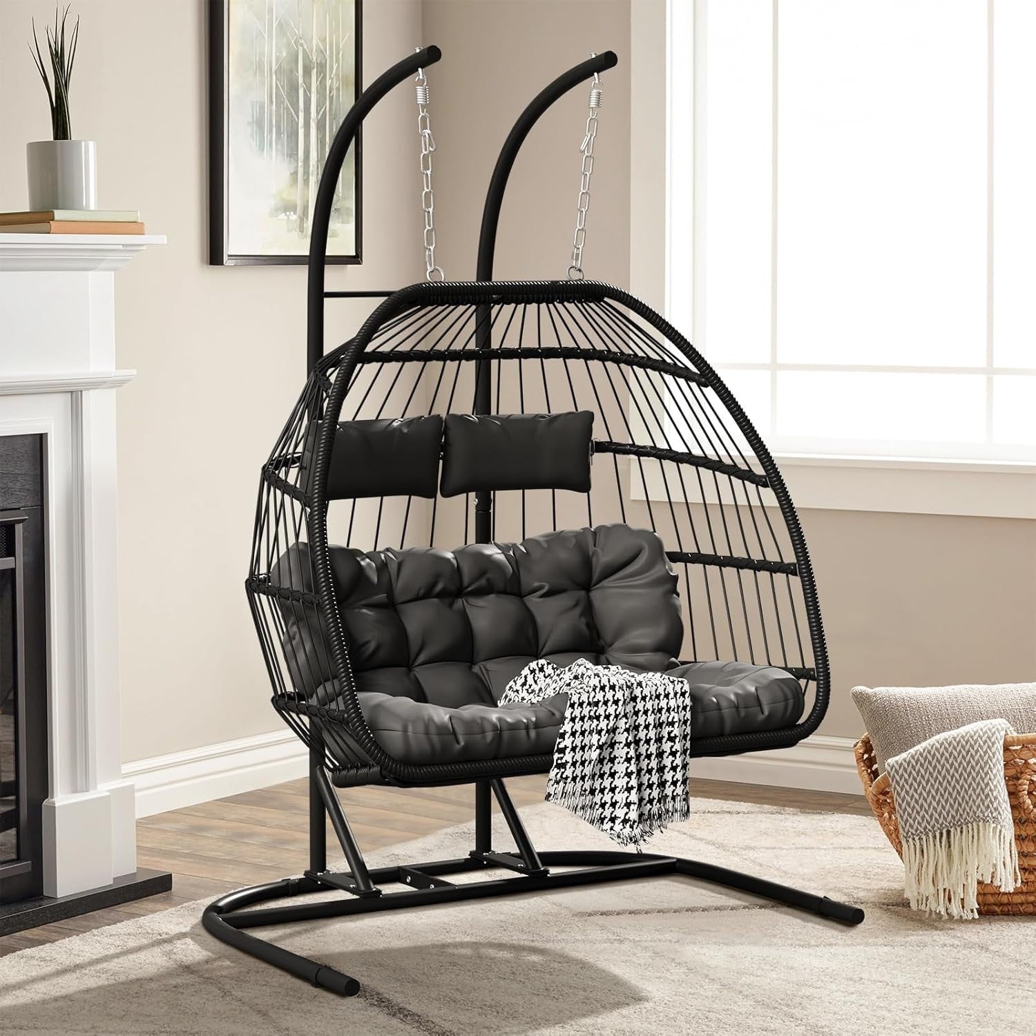 Double Egg Swing Chair with Stand Cushioned Rattan Hanging Seat Garden Patio