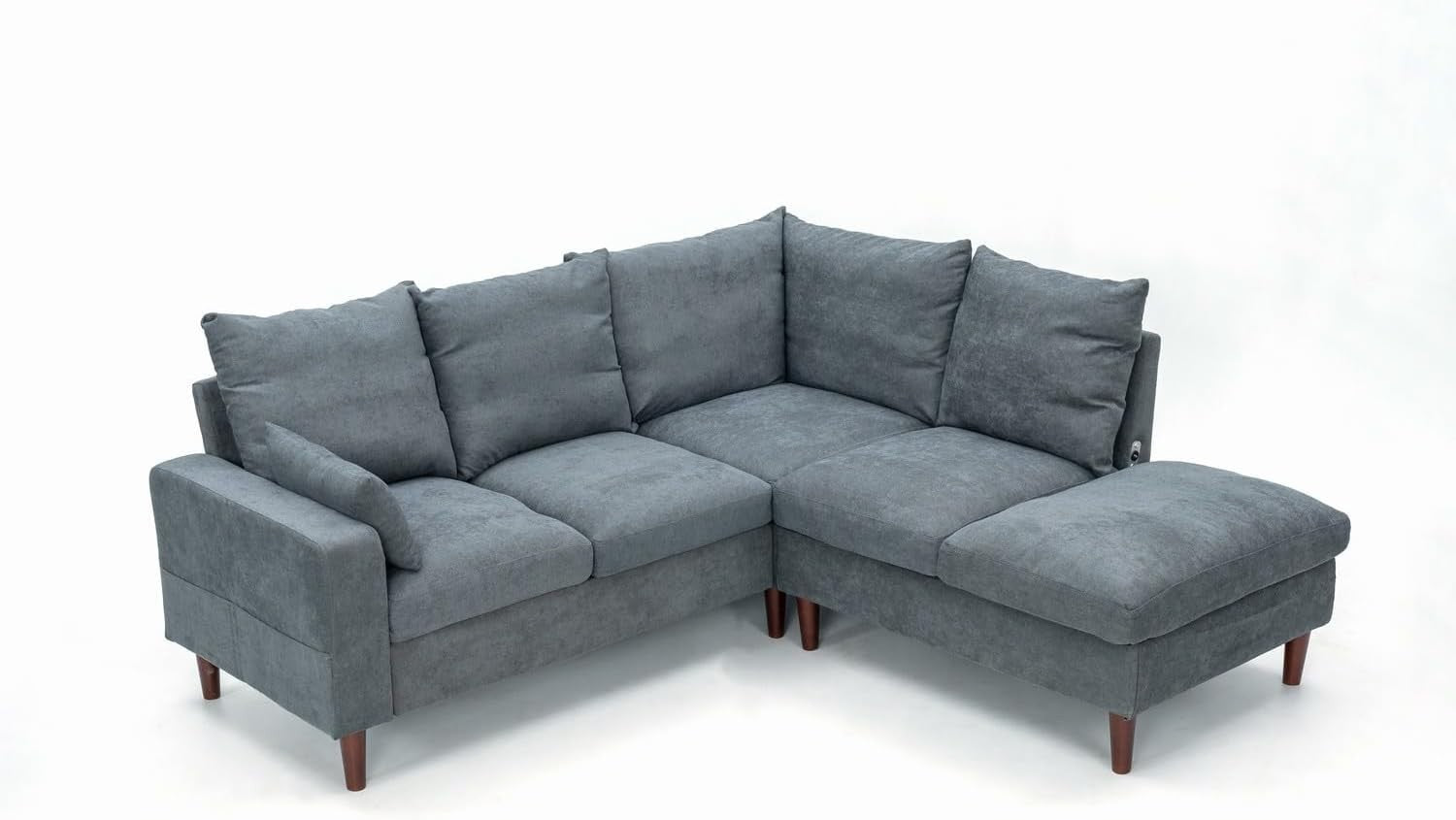 5 Seater Grey Linen Corner Sofa with USB Port Chaise L-Shape Wood Legs