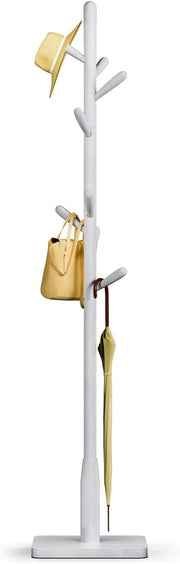 White Solid Wood Coat Rack 8 Hooks Square Base Freestanding Hall Stand
