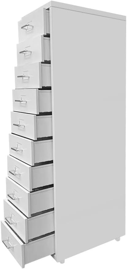 White Metal 10 Drawer Mobile Filing Cabinet Tall Office Storage on Wheels