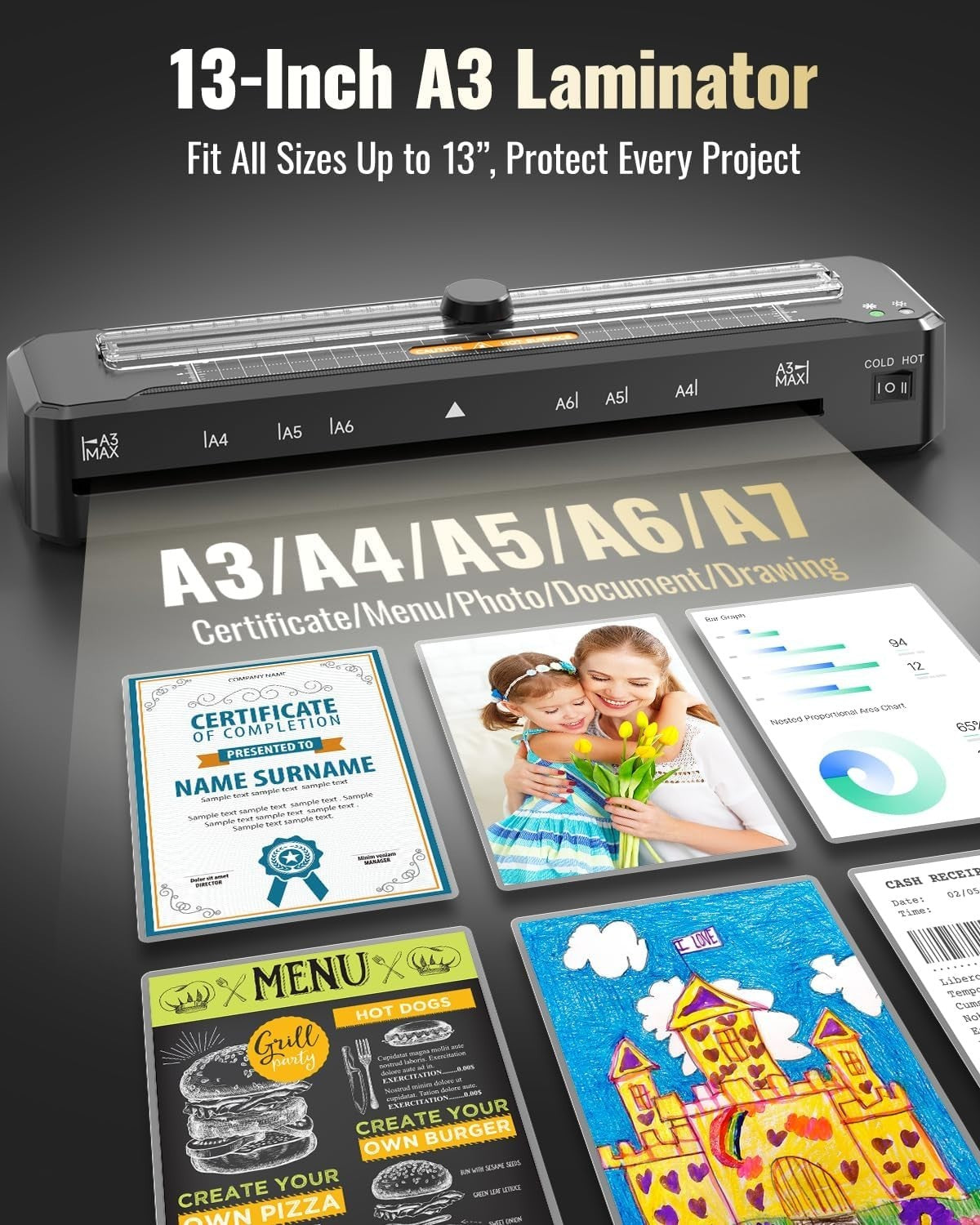 A3 Laminator Hot Cold 90s Warm Up Anti Jam Scale Guide + Cutter Sheets