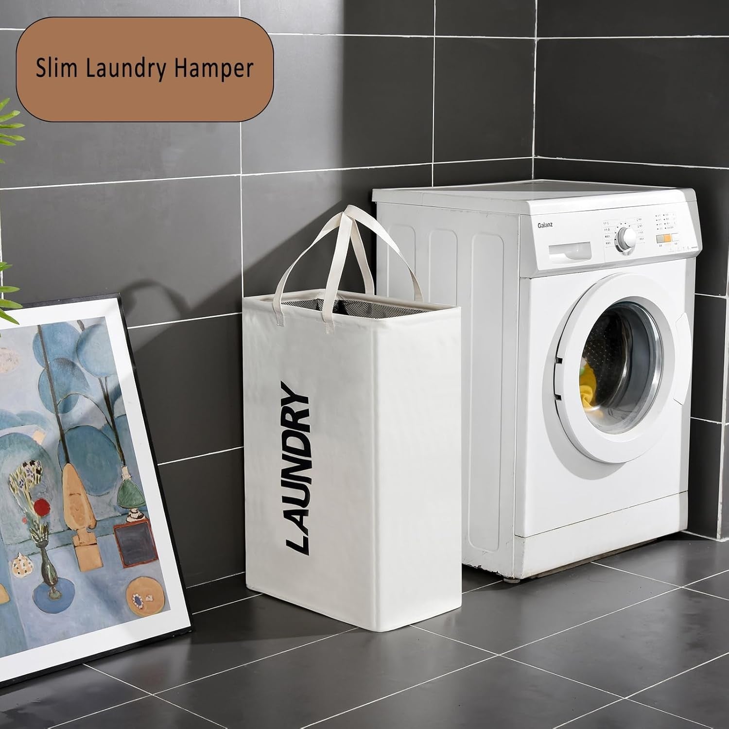 Tall Slim Double Laundry Hamper Beige 63L Foldable Basket with Handles
