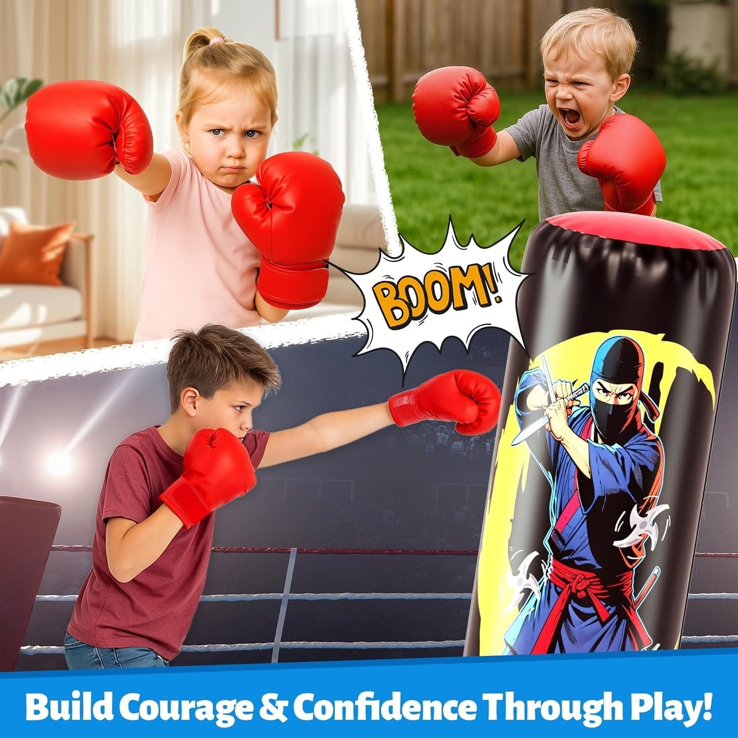 Kids Inflatable Punching Bag 66” Boxing Karate Toy Gloves Set
