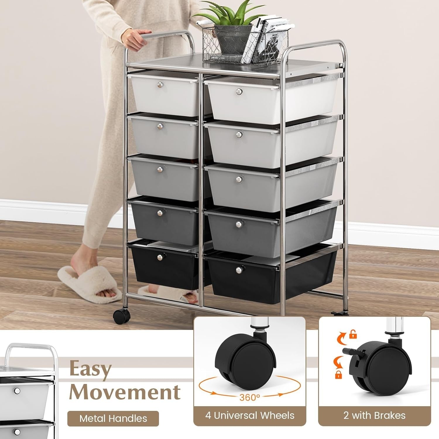 10 Drawer Rolling Storage Cart Black Organizer Trolley with Wheels