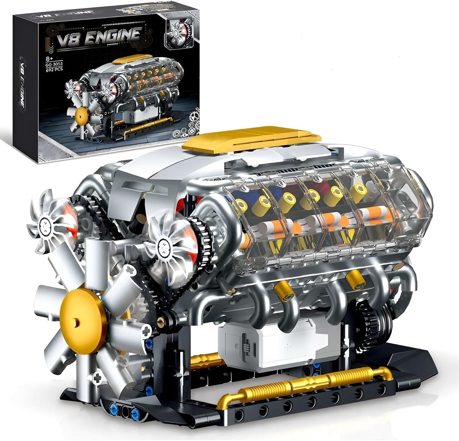 V8 Engine Model Kit 692PCS STEM Buildable Transparent Moving Parts Toy