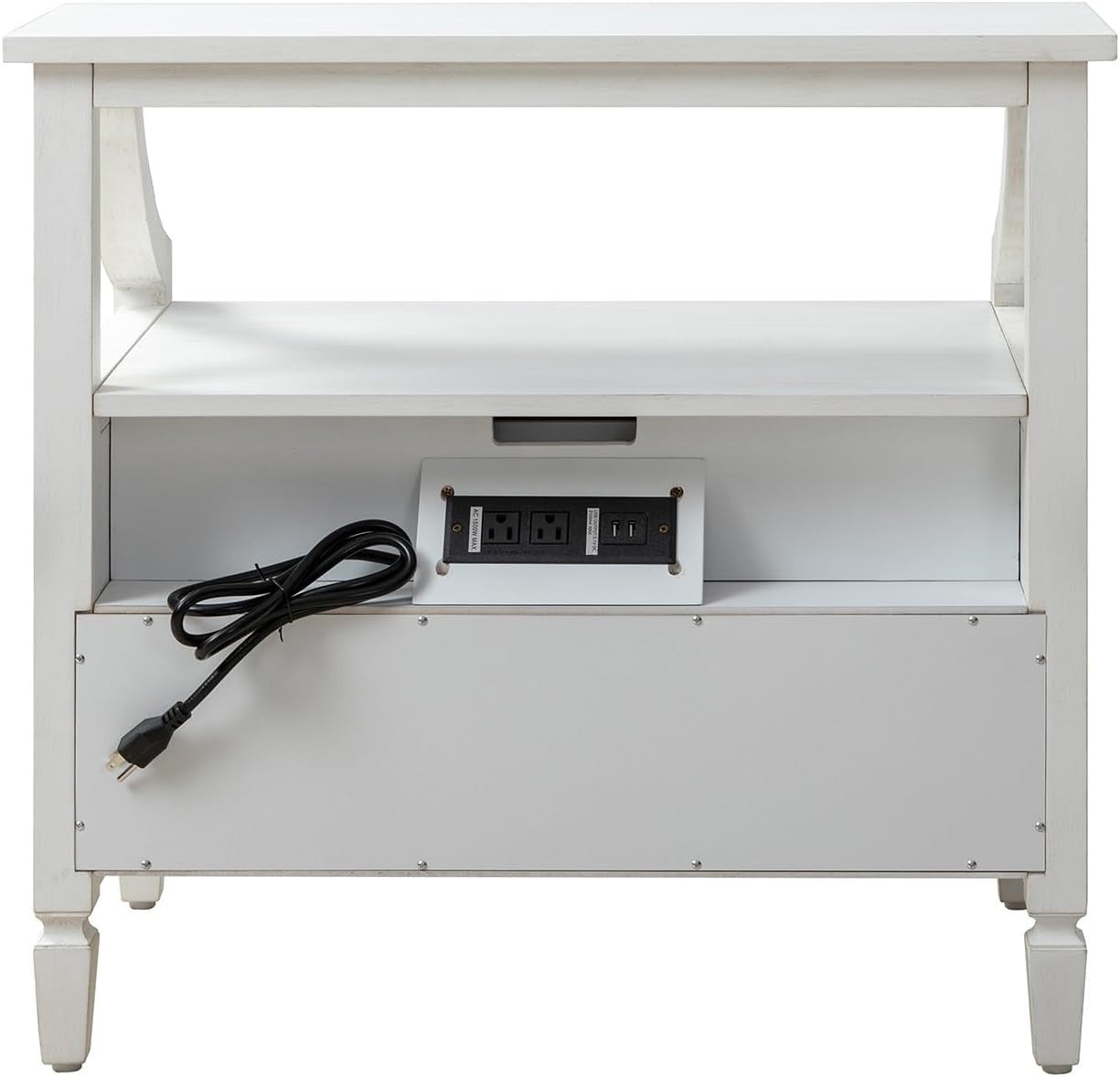 White Modern Bedside Table with 2 Drawers & Shelf, Solid Wood Legs