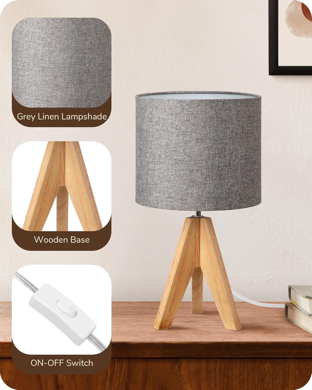 Tripod Bedside Table  Grey Linen Shade Wooden Base Modern Desk Light 36cm