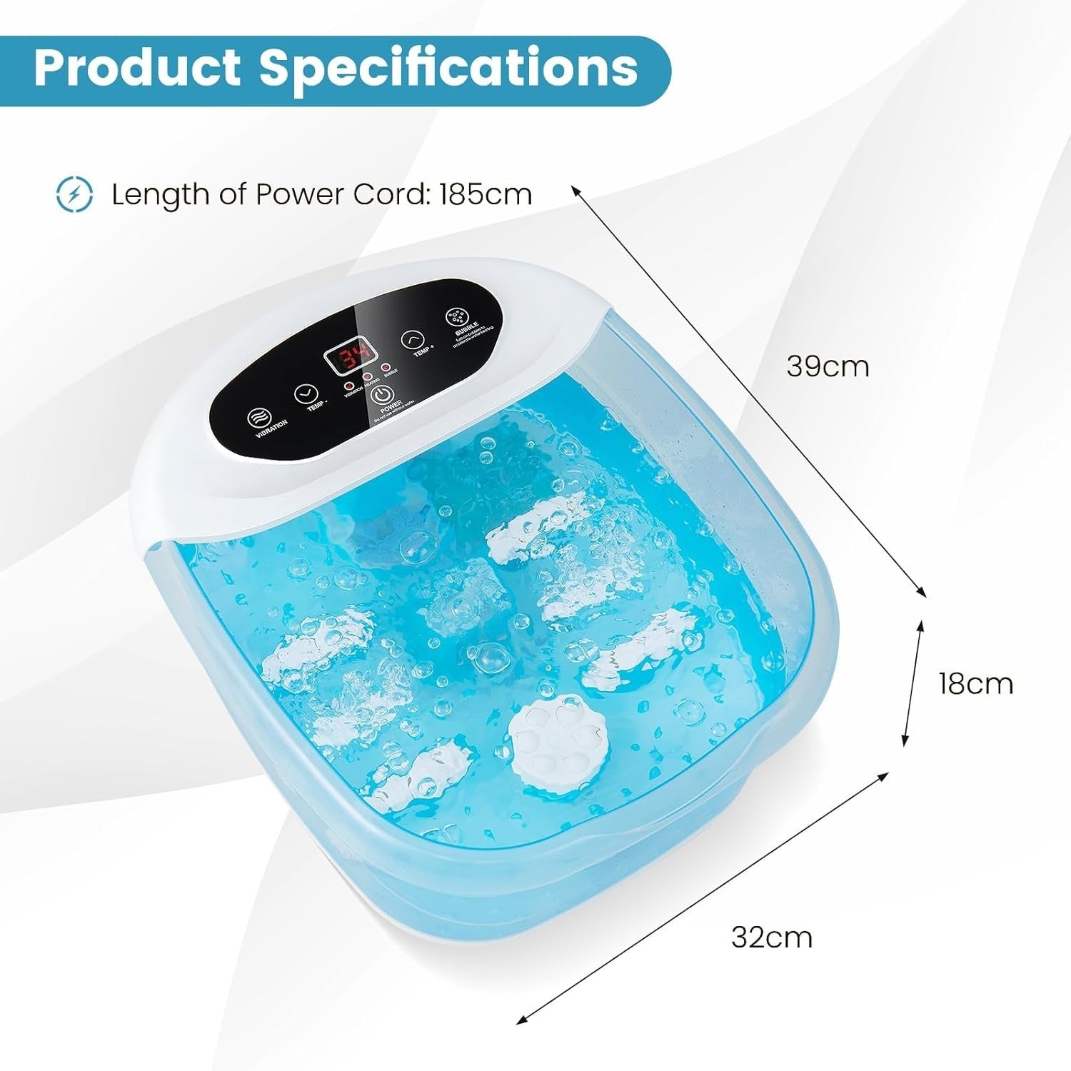 Foot Spa Massager Tub with Heat, Bubbles & Vibration for Home Pedicure