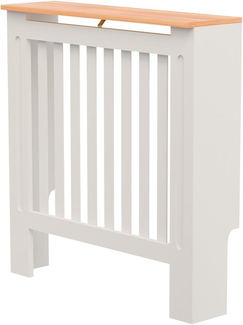 Small White Radiator Cover MDF Compact Classic Design with Oak Top Shelf