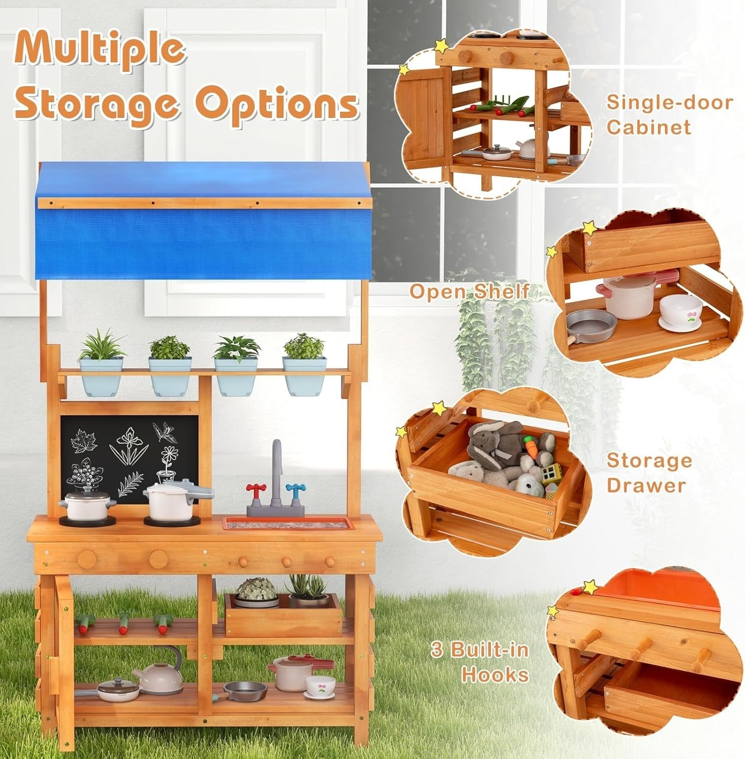 Outdoor Mud Kitchen Kids Playset w/ Canopy Sink Pots Chalkboard
