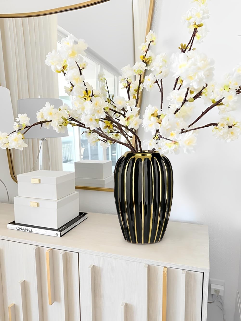 Black Gold Ribbed Ceramic Vase Luxury Decorative Floral Table Home Décor