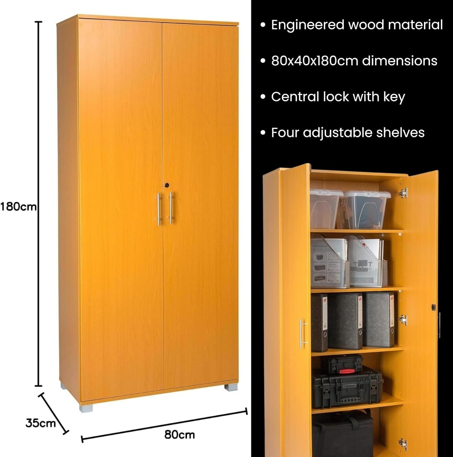 Tall Beech Storage Cupboard 2 Door Lockable Cabinet with 4 Shelves Office