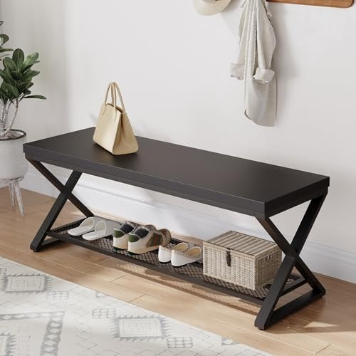 Black Oak Industrial Entryway Storage Bench Metal Frame Shoe Rack Seat 119x36x46