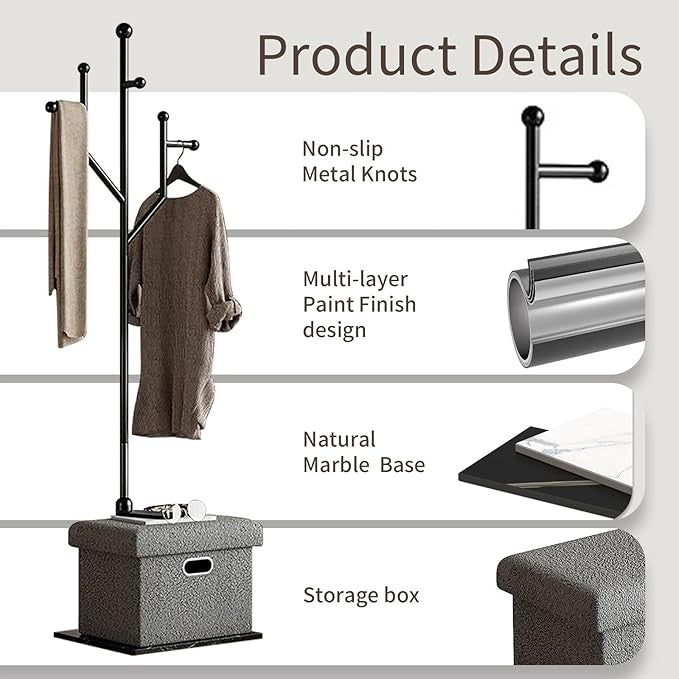 Luxury Black Metal Coat Rack Marble Base with Storage Box & 8 Hooks for Hallway