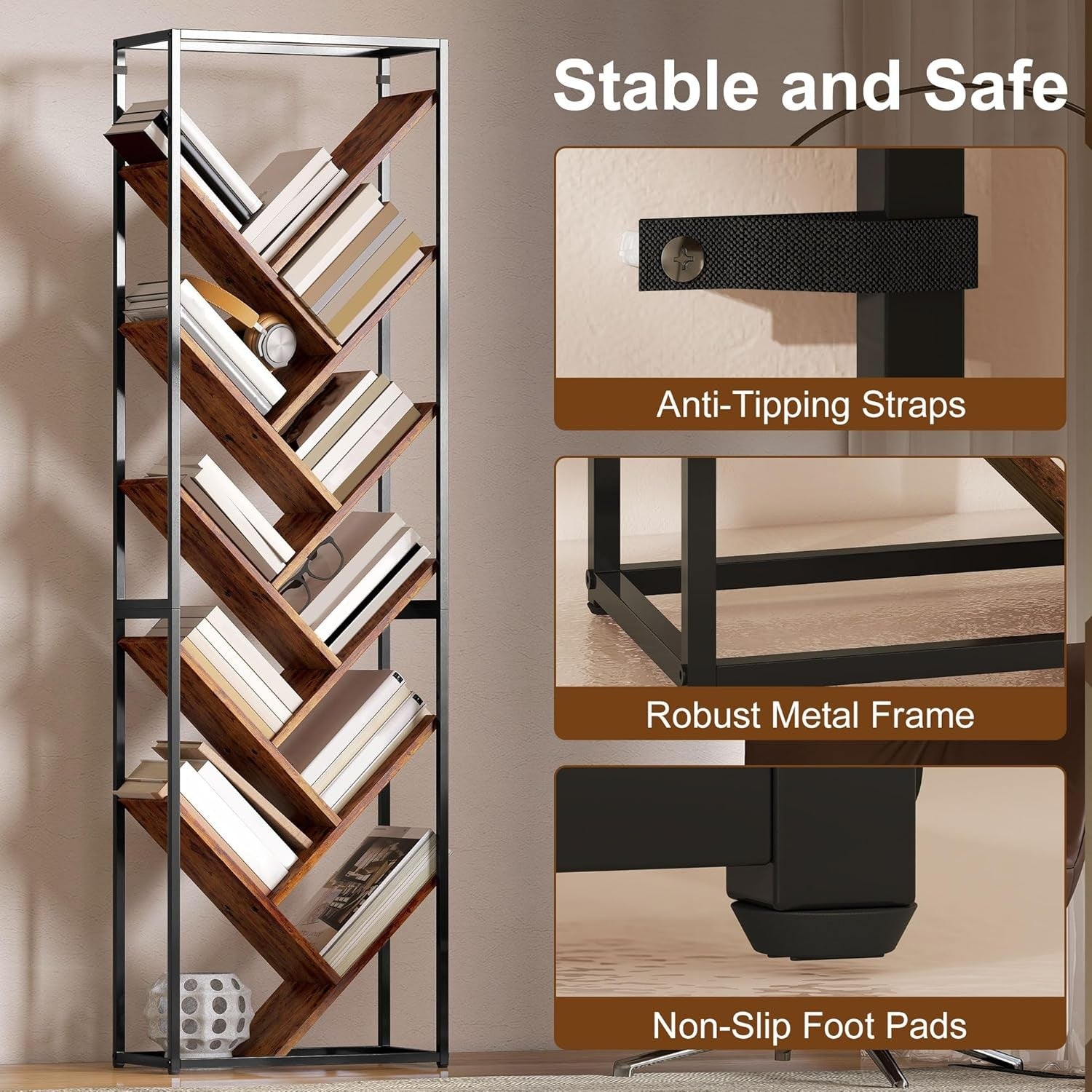 10-Tier Tree Bookshelf Industrial Tall Display Storage Unit for Living Room Offi
