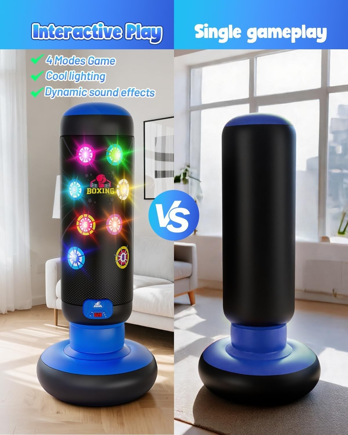 Kids Punching Bag Game Inflatable Boxing Toy Lights Music Gloves