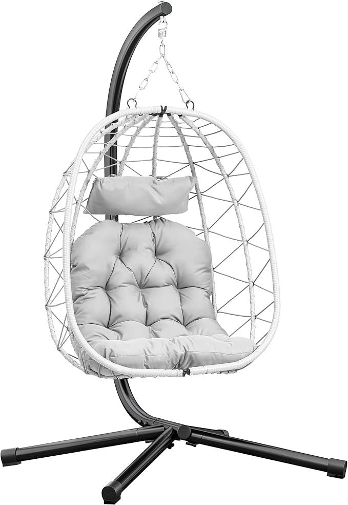 Luxury Hanging Egg Chair with Stand Outdoor Rattan Swing Seat Grey Cushion