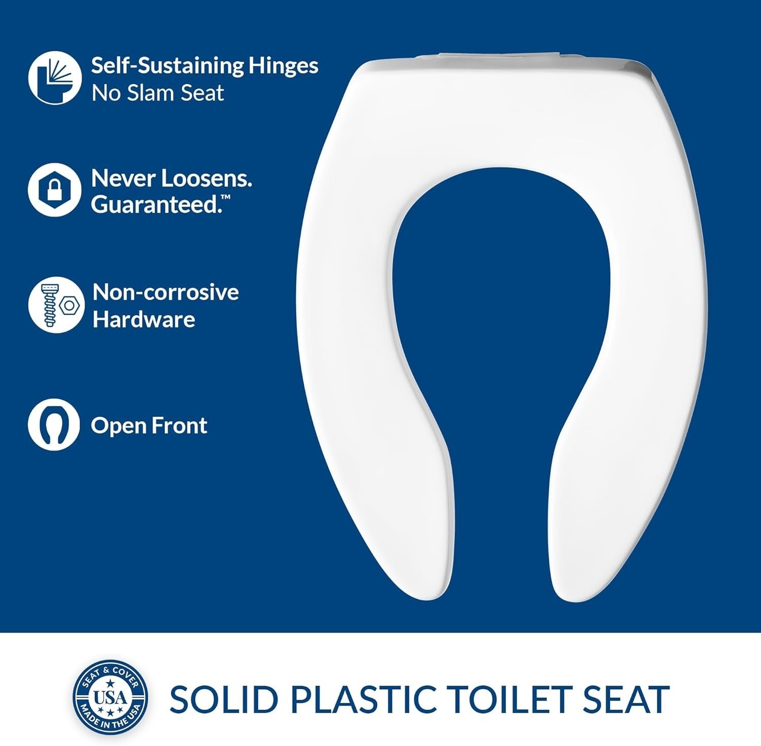 Elongated Toilet Seat White Self-Sustaining Heavy Duty Plastic