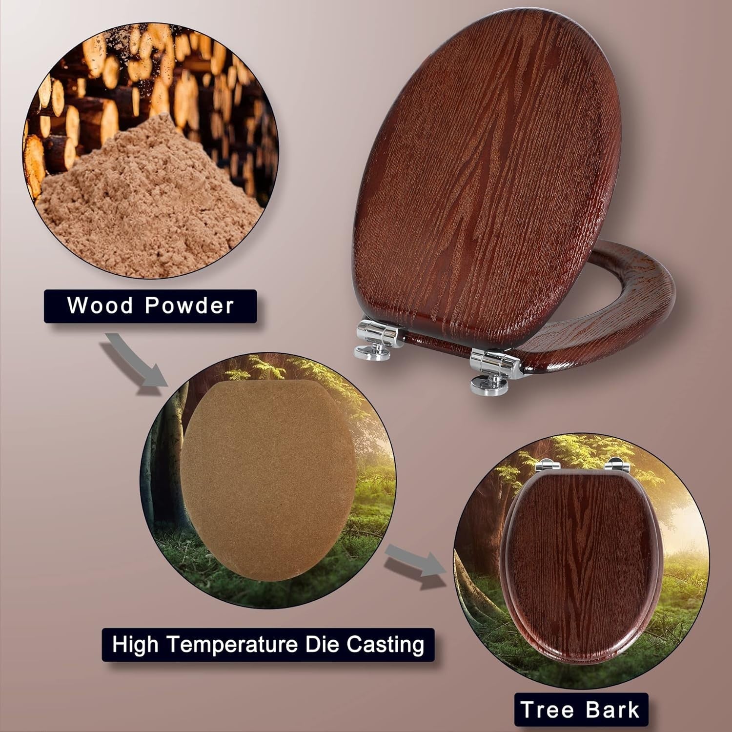 Antibacterial Wooden Toilet Seat Quick Release Oval Dark Walnut 45x37cm