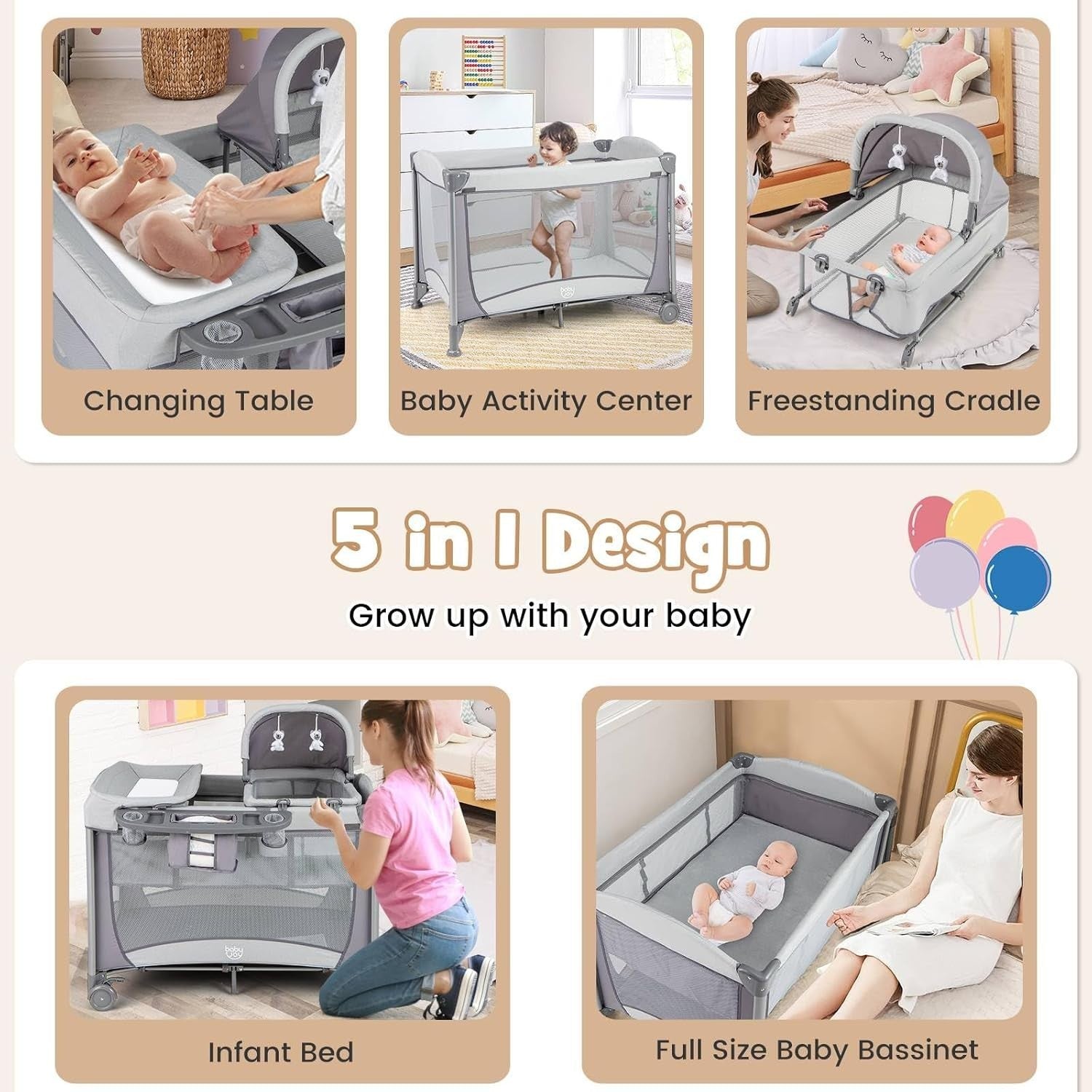 5in1 Baby Travel Cot Foldable Crib with Mattress, Changer & Storage Grey