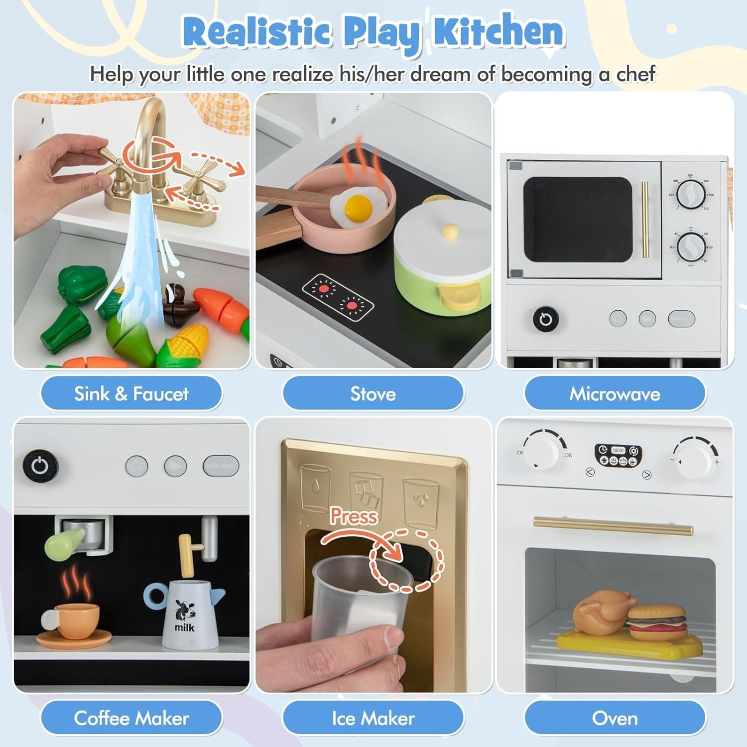 Retro Wooden Kids Play Kitchen Ice Maker Coffee Station Toy Set