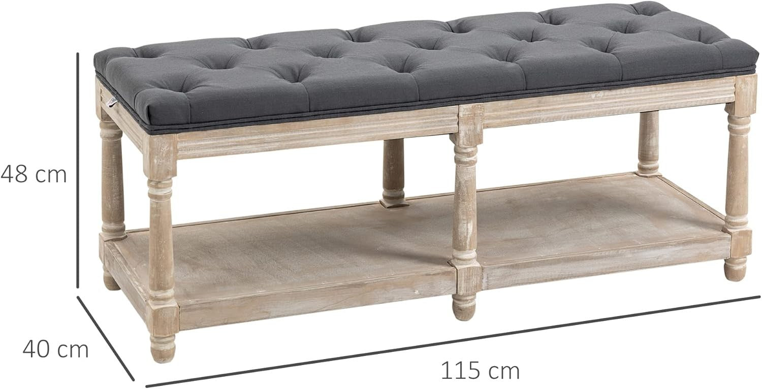 Grey Upholstered Bed End Bench with Shelf, Tufted Seat Storage Ottoman