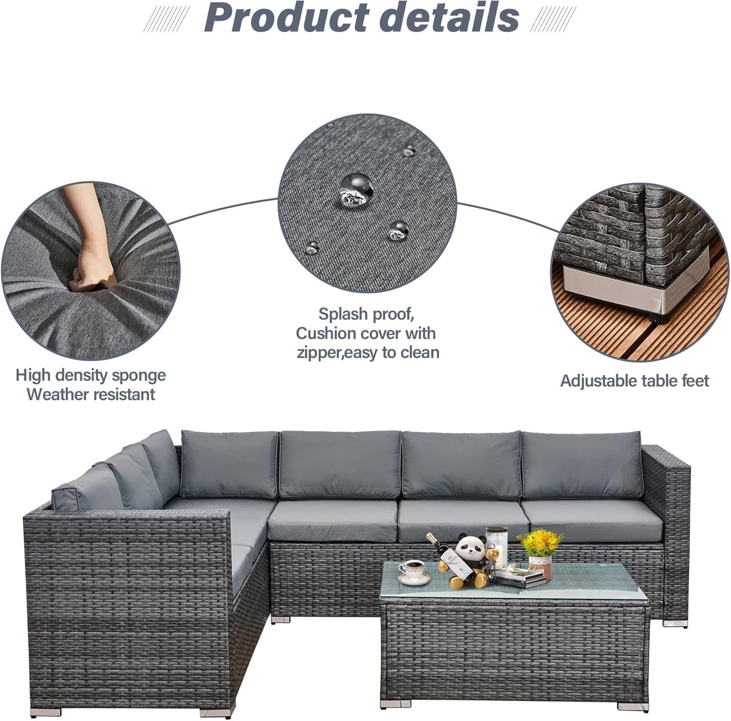 6 Seater Rattan Corner Sofa Set Patio Garden Furniture with Glass Table