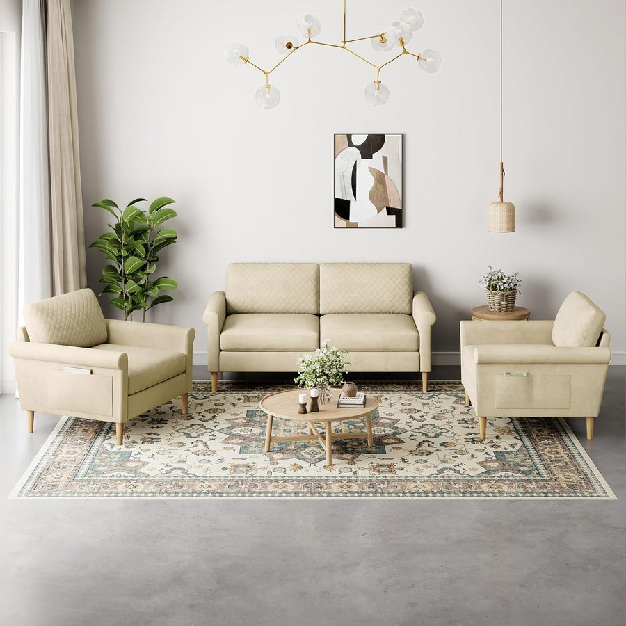 2 Seater Fabric Sofa & Armchair Set with Storage, Cushions, Tool-Free Assembly