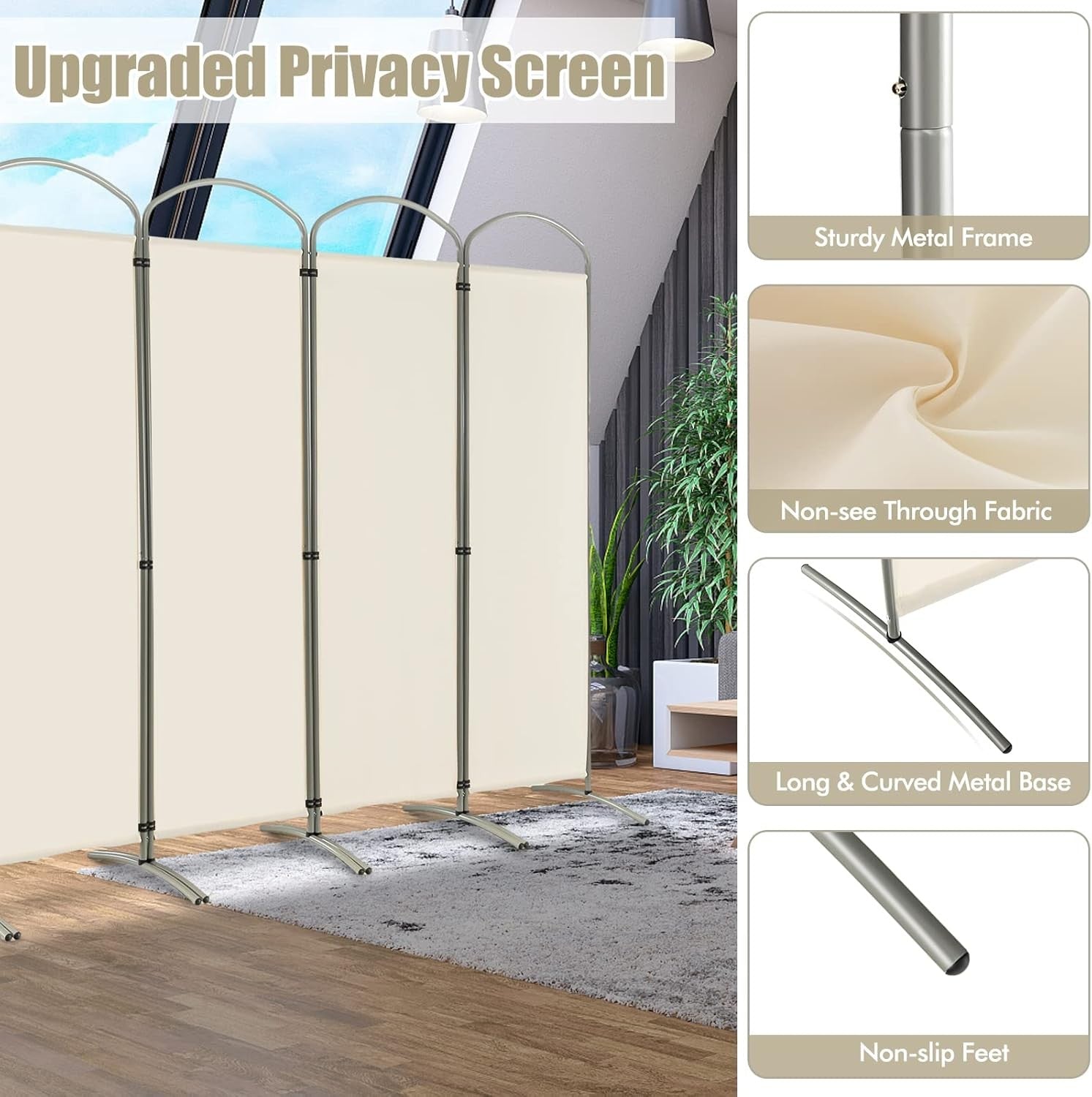 6 Panel Cream Folding Room Divider Privacy Screen for Bedroom Office 188cm High