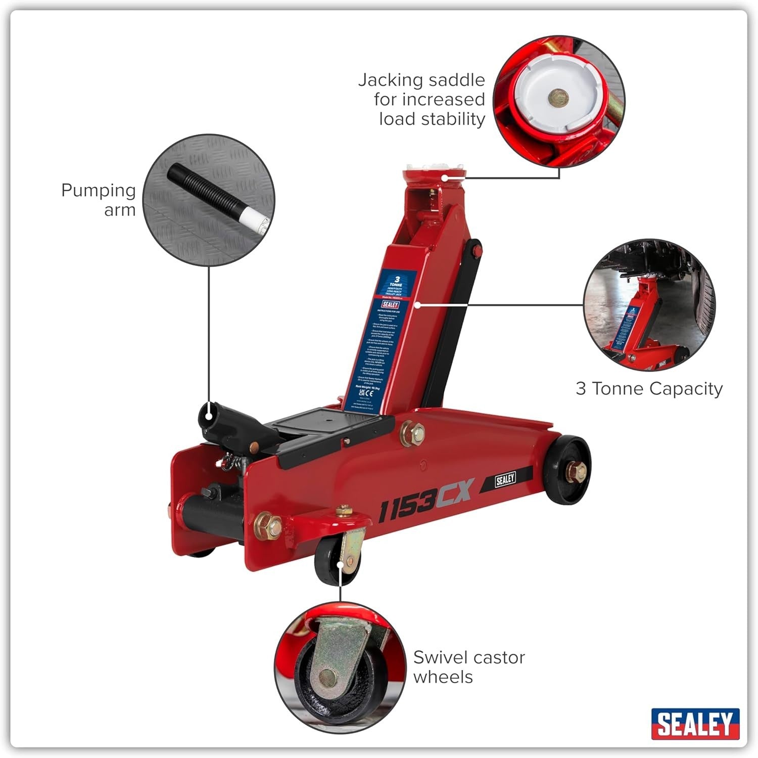 3 Ton Long Chassis Hydraulic Trolley Jack 140–432mm Heavy Duty Red