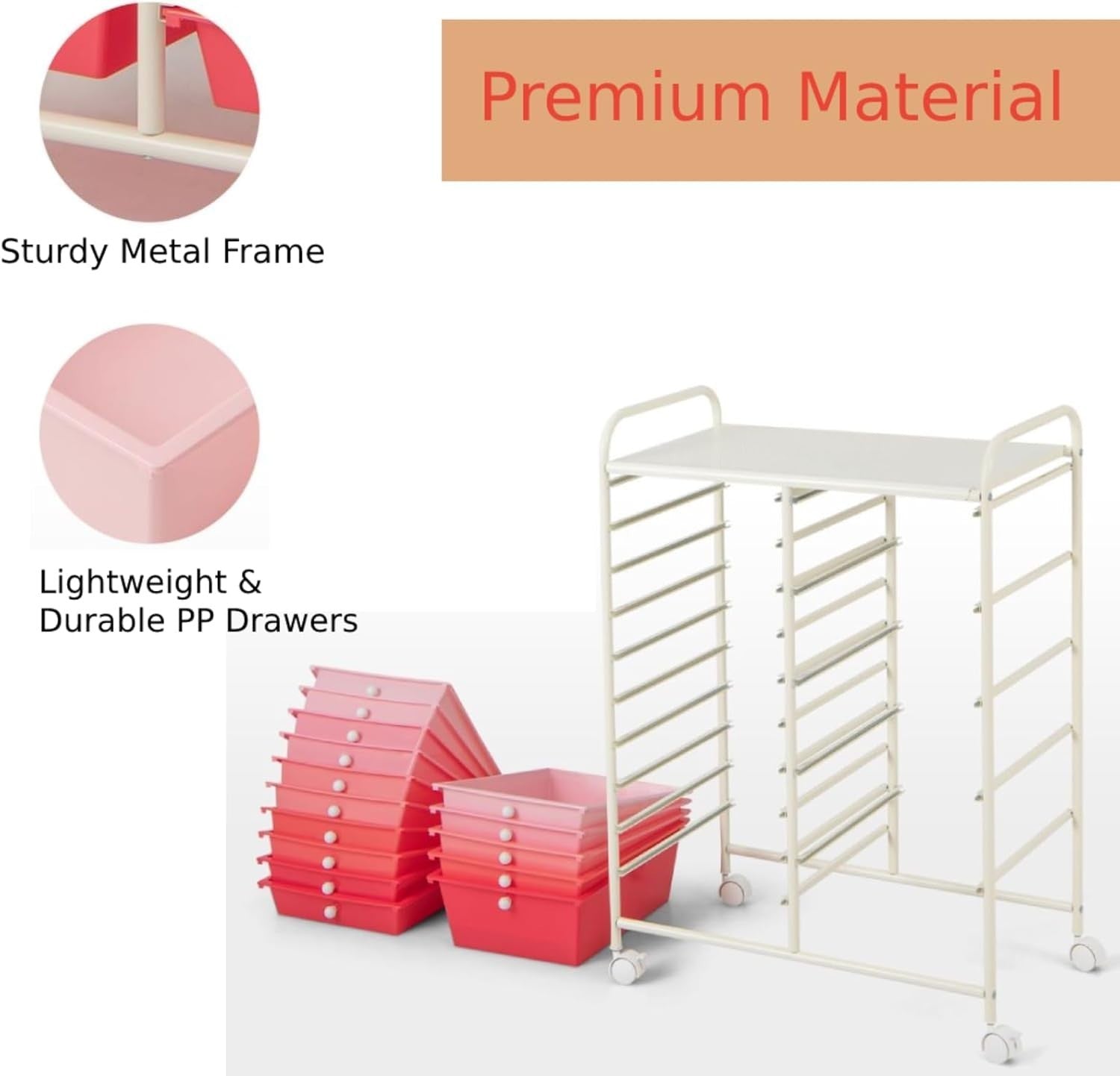 15 Drawer Rolling Storage Trolley Gradient Pink Organizer Cart