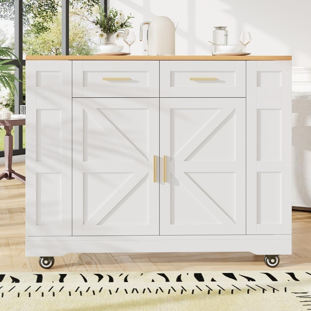 White Kitchen Island Cart with Foldable Worktop, 2 Drawers & Storage Racks