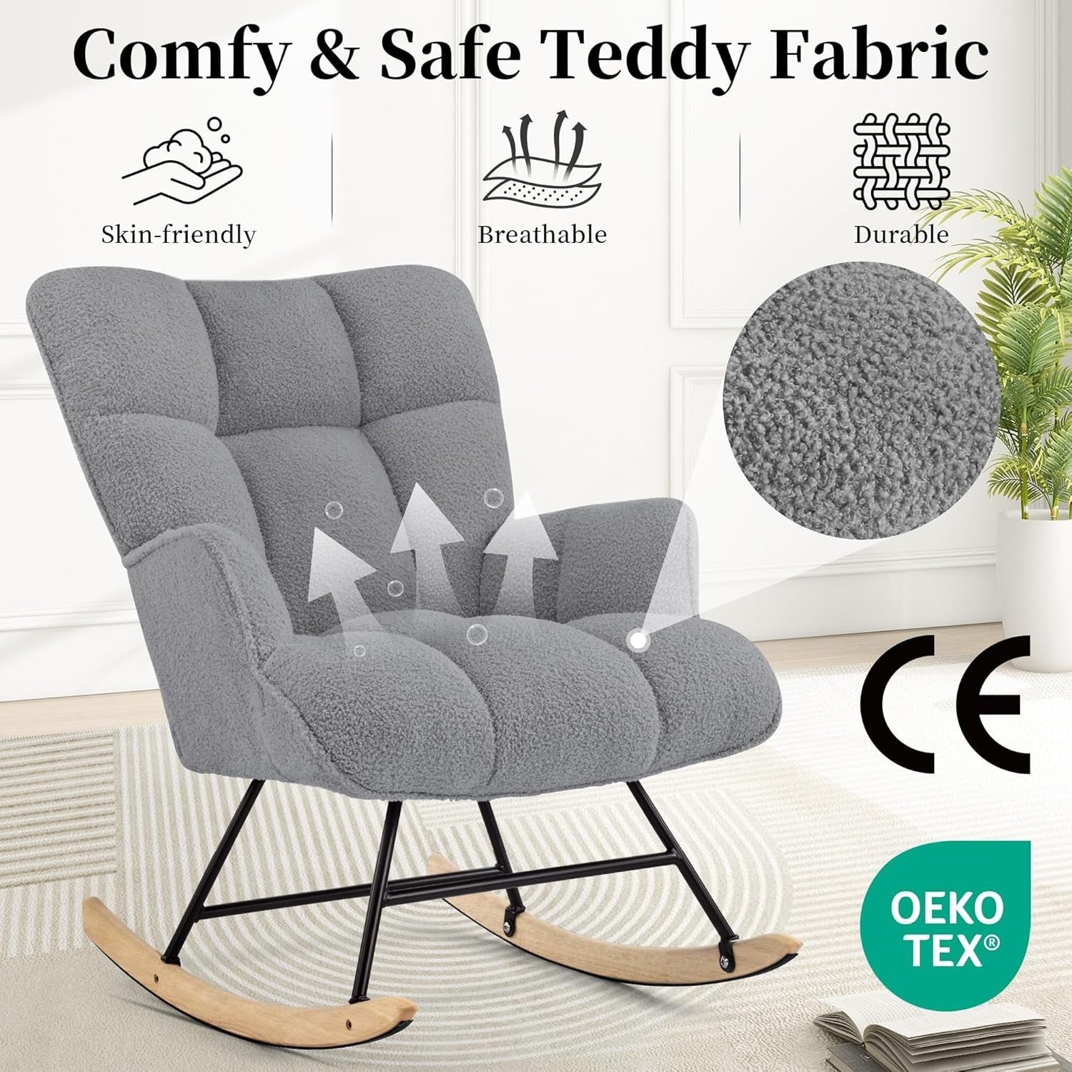 Teddy Rocking Chair Glider for Nursery Adult Armchair Recliner Grey