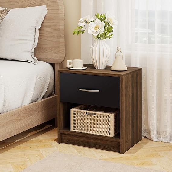 Modern Brown Bedside Table with Drawer & Open Shelf | Compact Nightstand
