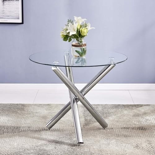 Round Glass Dining Table 90cm Tempered Metal Legs Modern Design