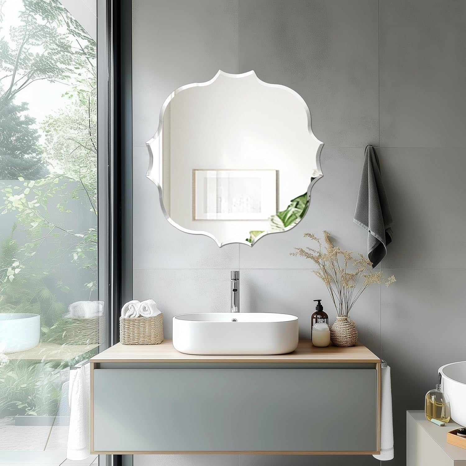 Irregular Wall Mirror Frameless 60x60cm Beveled Glass for Bathroom Hall