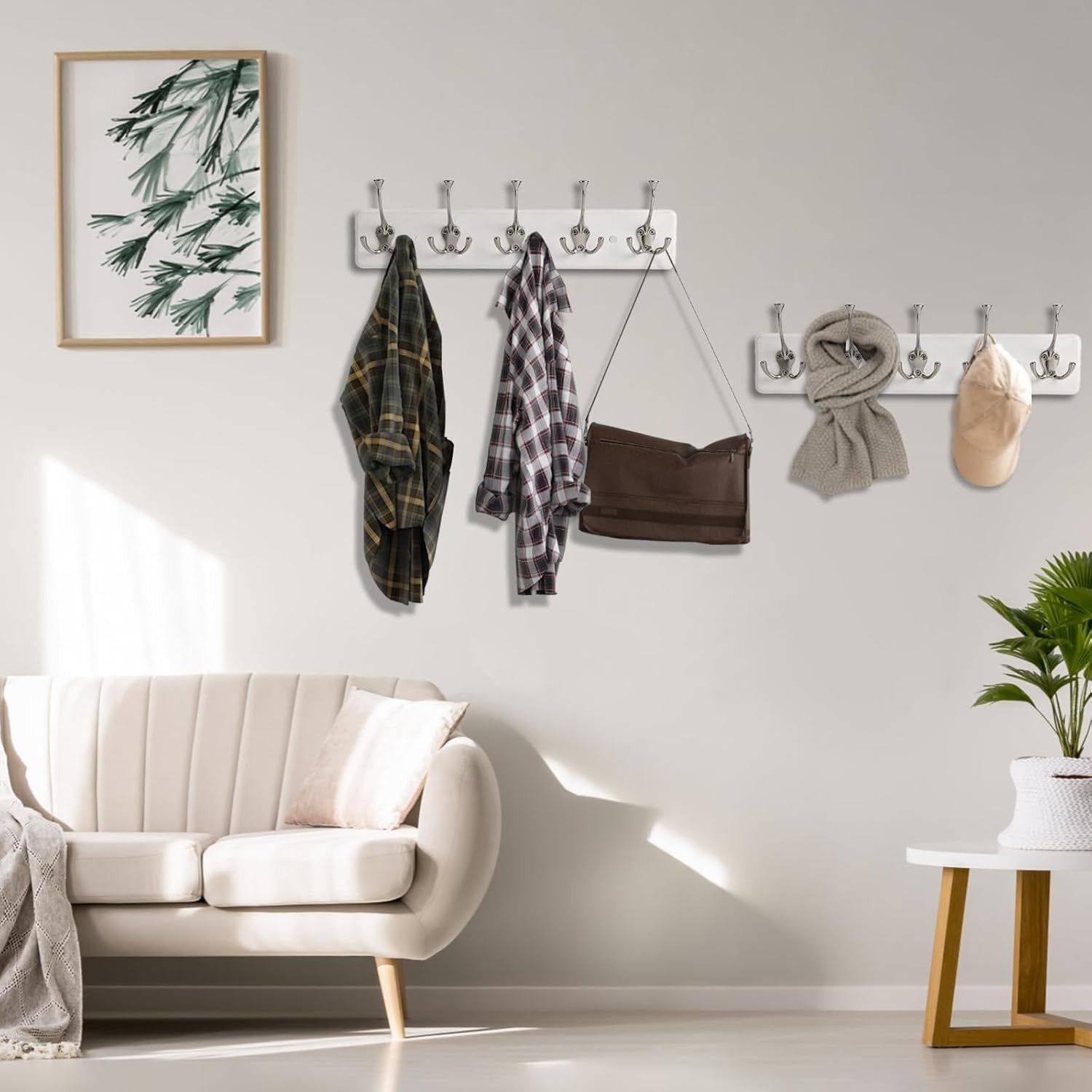 2 Pack White Wall Mounted Coat Rack 5 Hooks Wooden Hanging Rail Organizer
