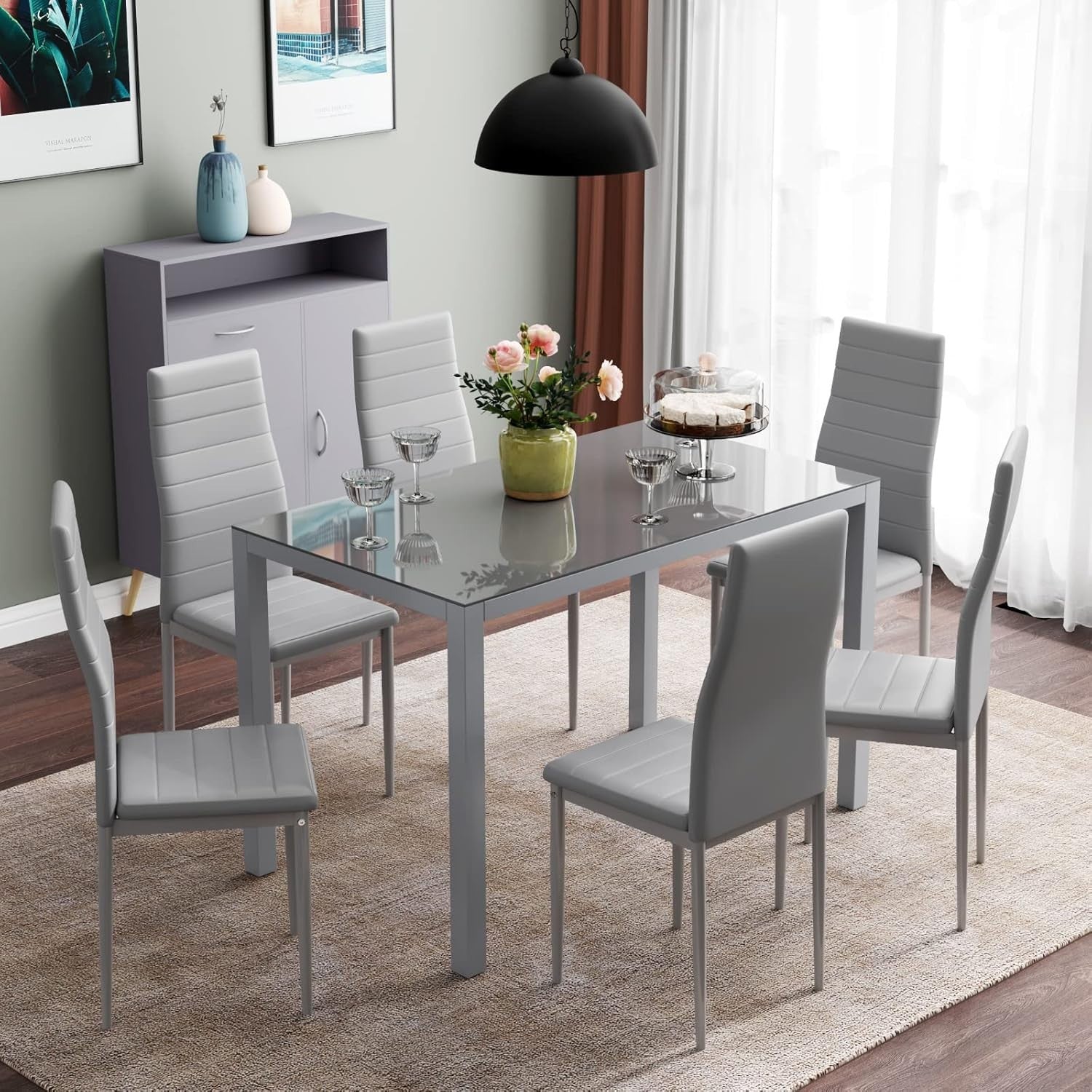 Modern Glass Dining Table & 6 Faux Leather Chairs Set – Durable & Stylish
