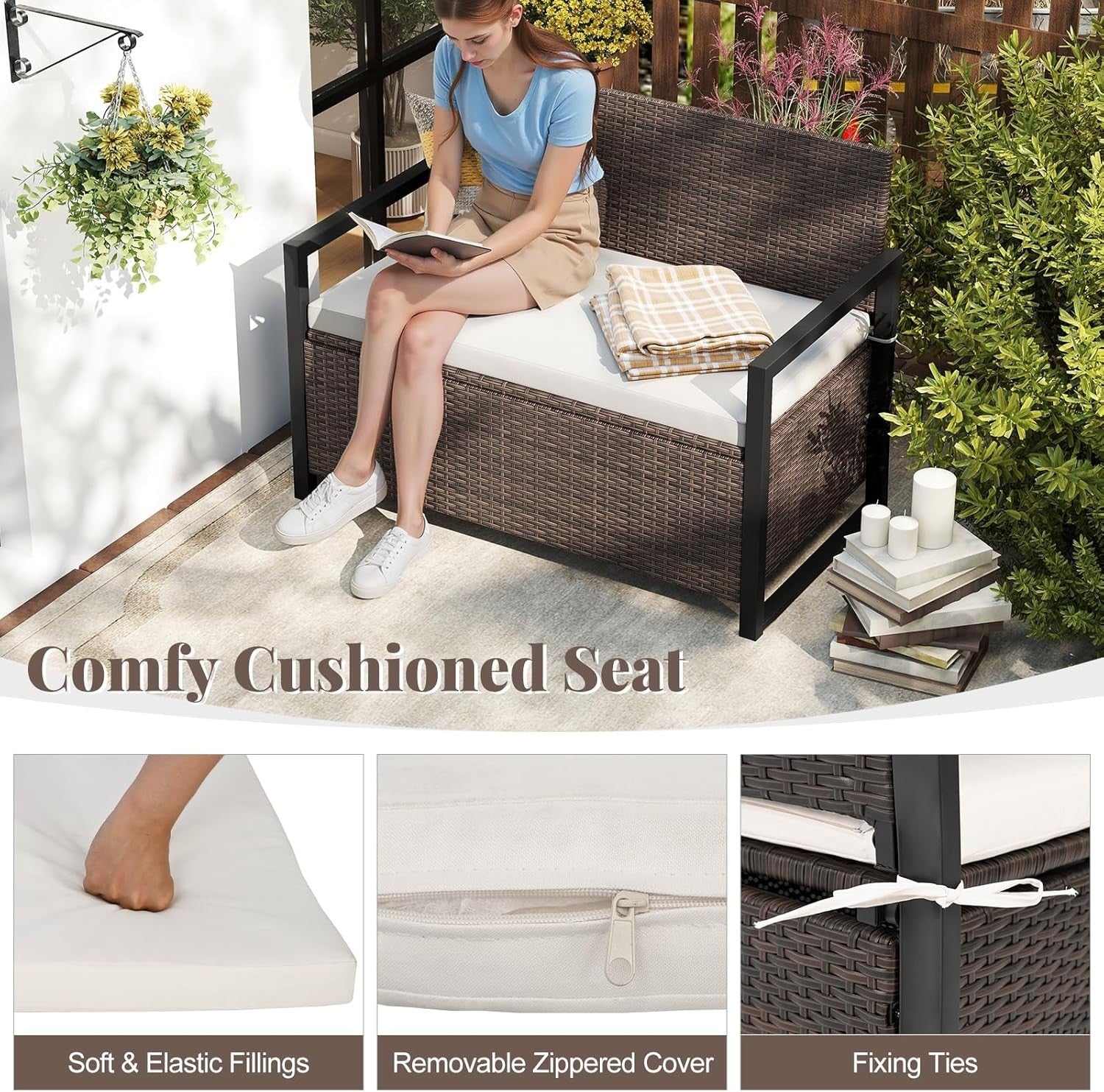 Outdoor 2-Seater PE Rattan Storage Bench with 150L Box & Padded Cushion