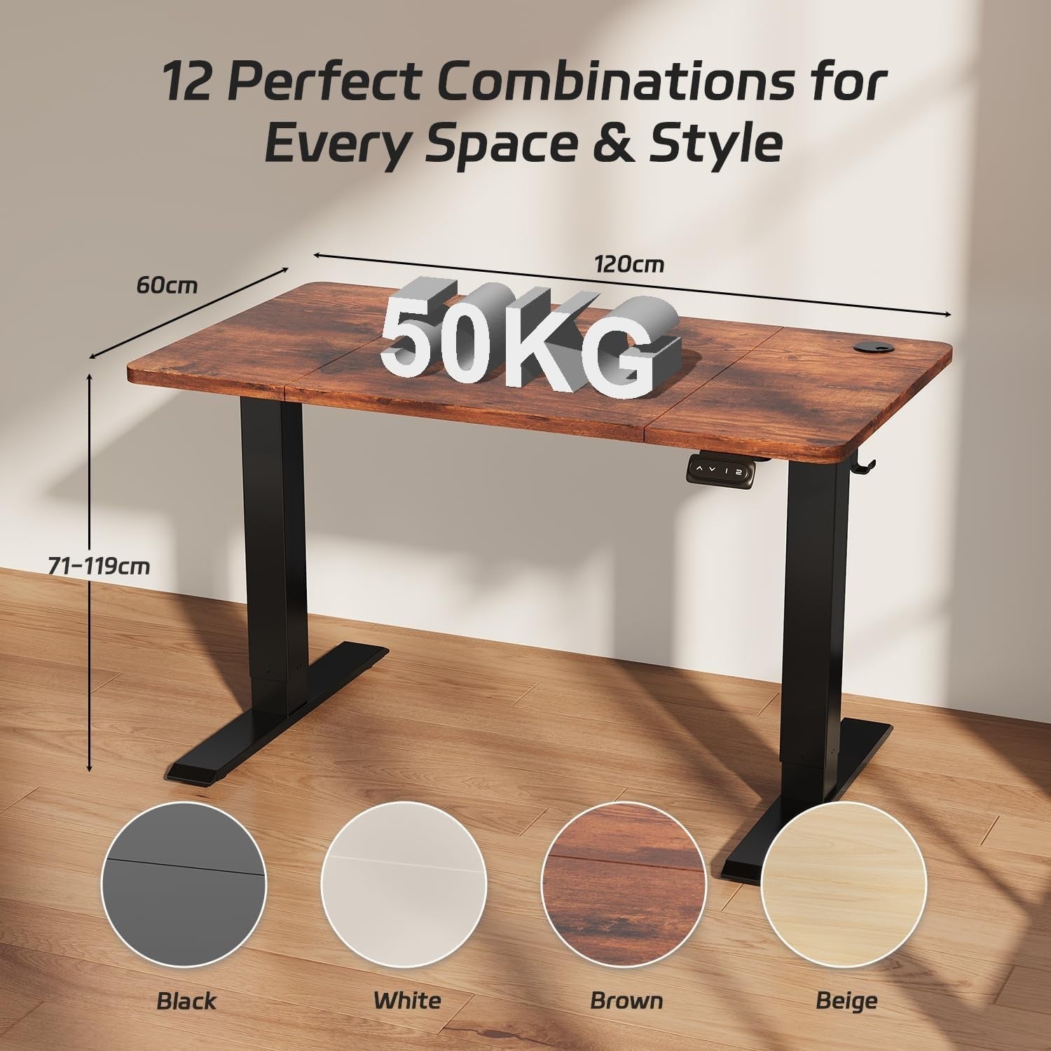 Electric Standing Desk 120x60cm Adjustable Brown Sit Stand Table with Memory