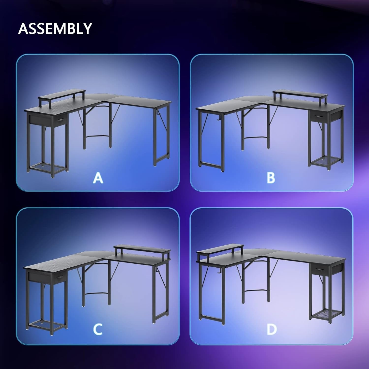 L Shaped Computer Desk Corner Gaming Table Monitor Stand Drawer Shelf