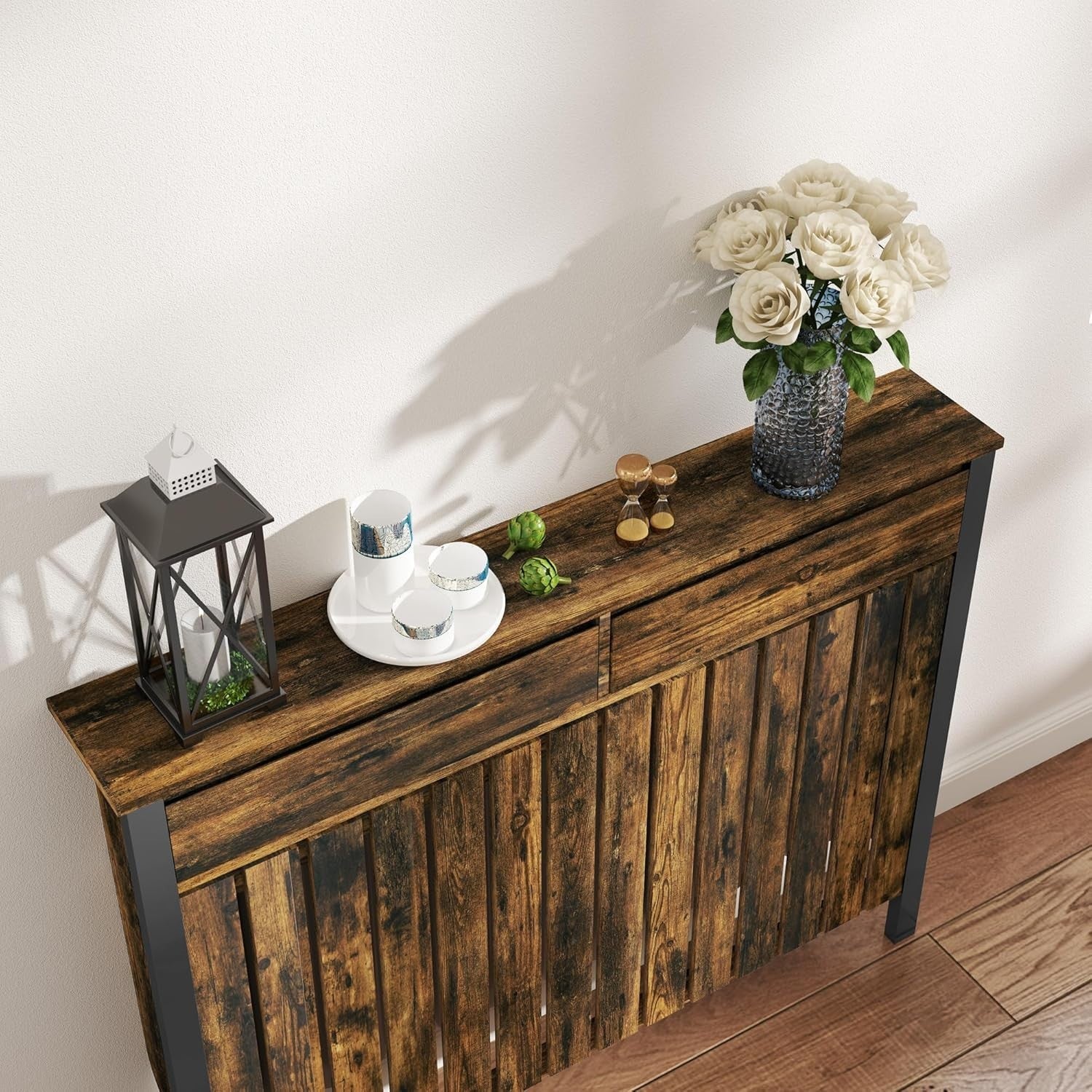 Rustic Brown Radiator Cover with Drawers Industrial Wood Cabinet 119x93cm