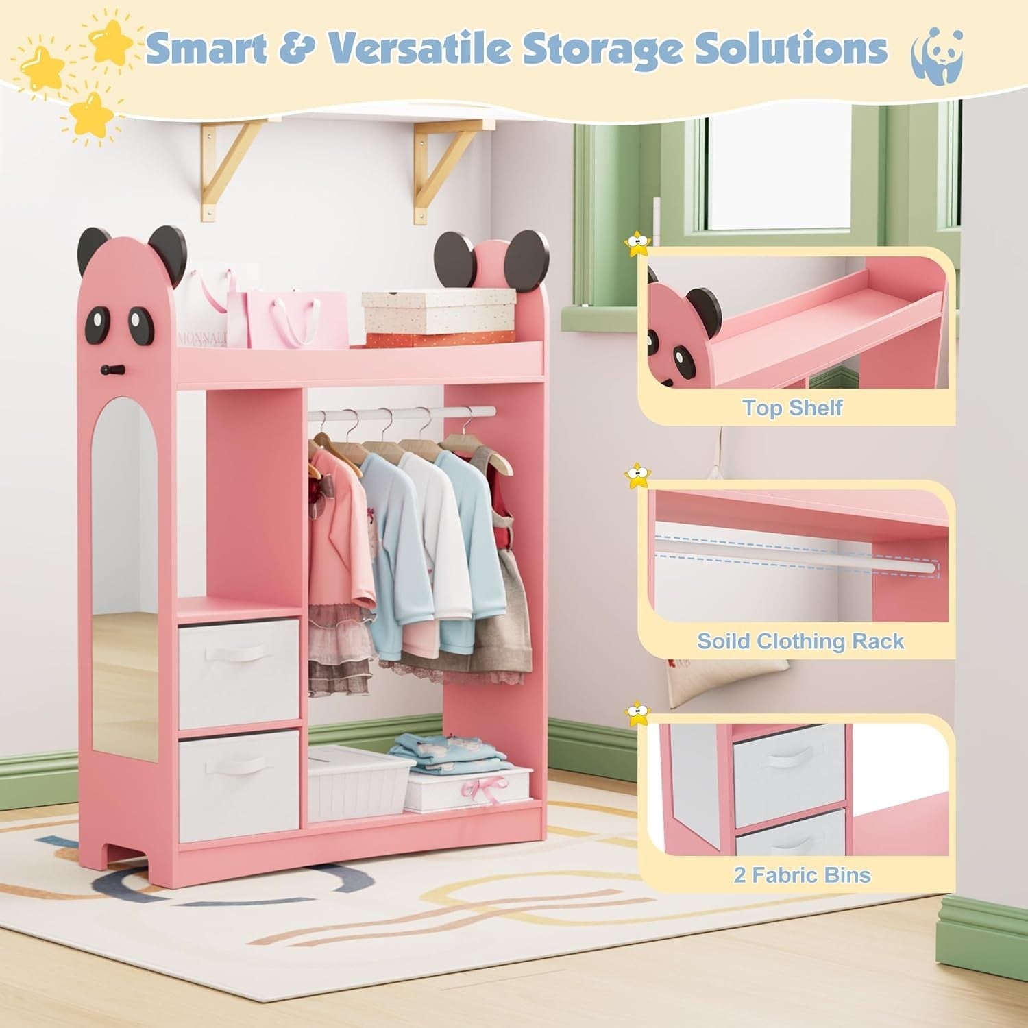 Kids Dress Up Wardrobe with Mirror, Hanging Rail & 2 Drawers Pink Storage