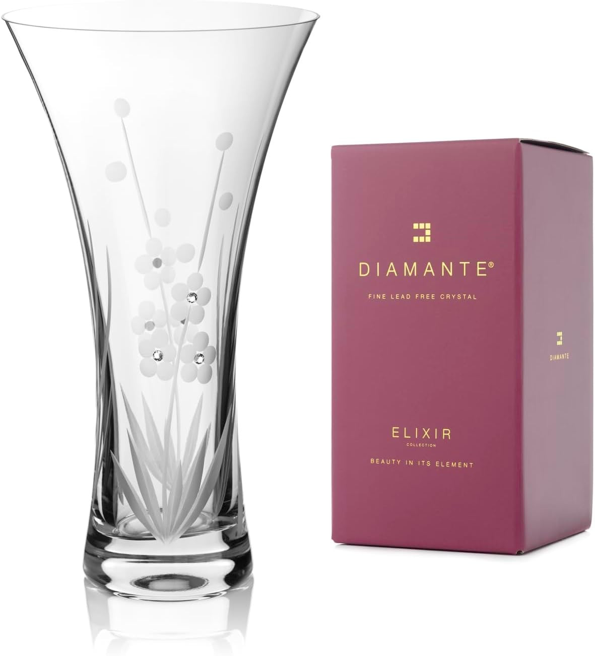 25cm Hand Cut Crystal Trumpet Vase Floral Pattern Luxury Gift Boxed