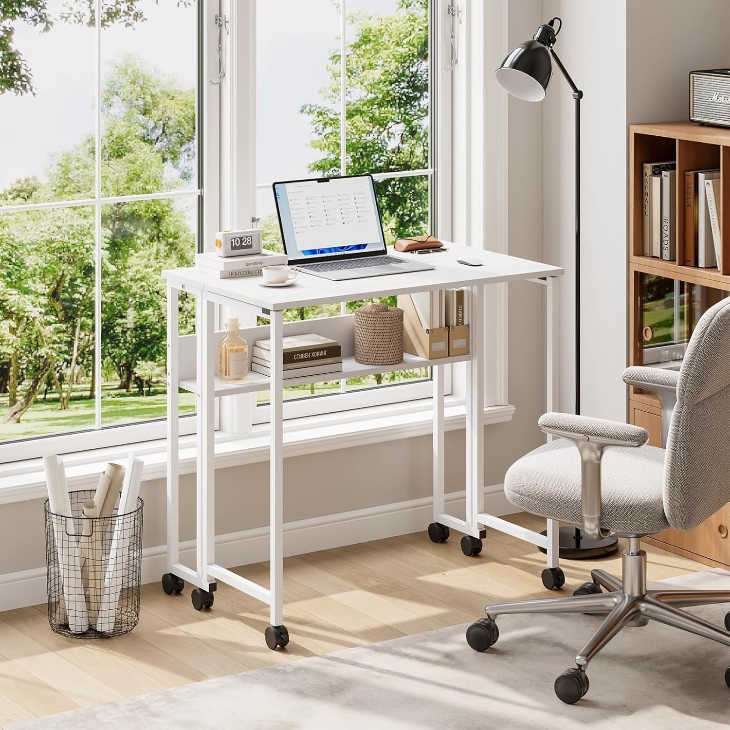 Folding Computer Desk Rolling Laptop Table with Storage Shelf Wheels White