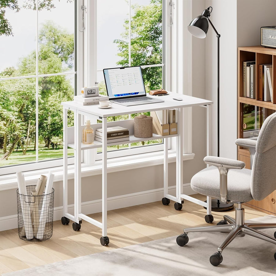 Folding Computer Desk Rolling Laptop Table with Storage Shelf Wheels White